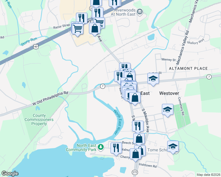 map of restaurants, bars, coffee shops, grocery stores, and more near 112 West Cecil Avenue in North East