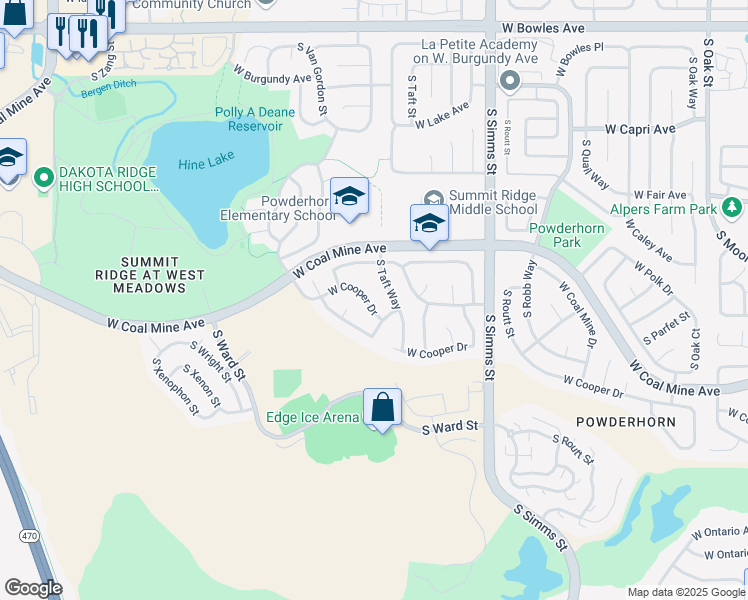 map of restaurants, bars, coffee shops, grocery stores, and more near 12087 West Cooper Drive in Littleton