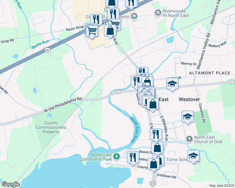 map of restaurants, bars, coffee shops, grocery stores, and more near 224 West Cecil Avenue in North East