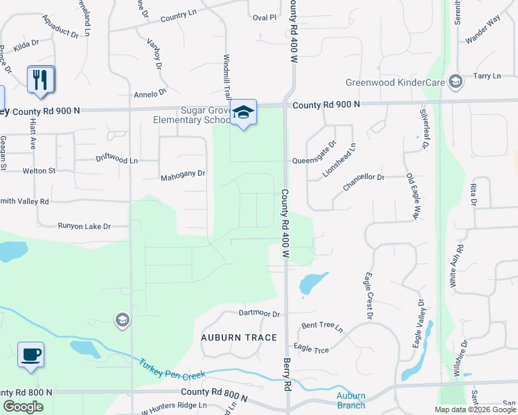 map of restaurants, bars, coffee shops, grocery stores, and more near 1154 Co Road 850 North in Greenwood