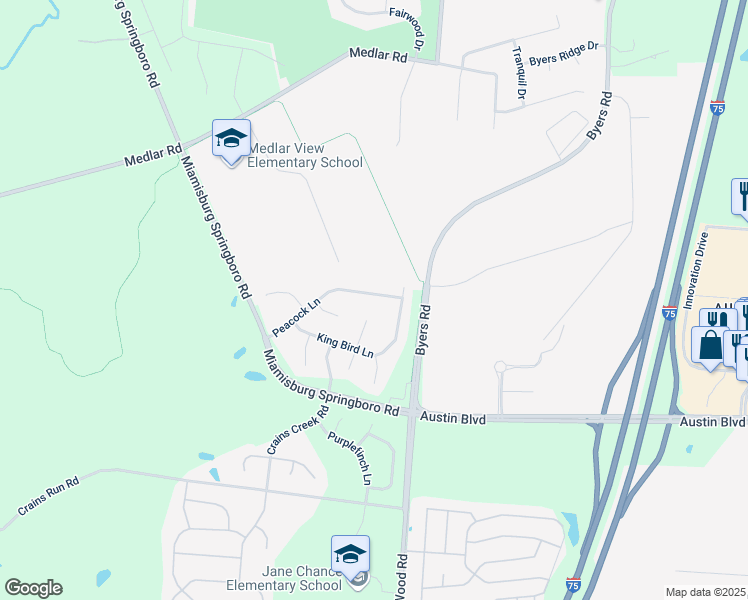 map of restaurants, bars, coffee shops, grocery stores, and more near 10260 Peacock Lane in Miamisburg
