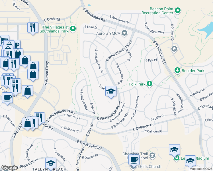 map of restaurants, bars, coffee shops, grocery stores, and more near 6171 South Wheatlands Parkway in Aurora