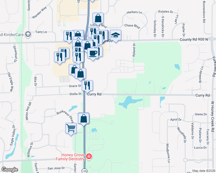 map of restaurants, bars, coffee shops, grocery stores, and more near 1154 County Road 850 North in Greenwood