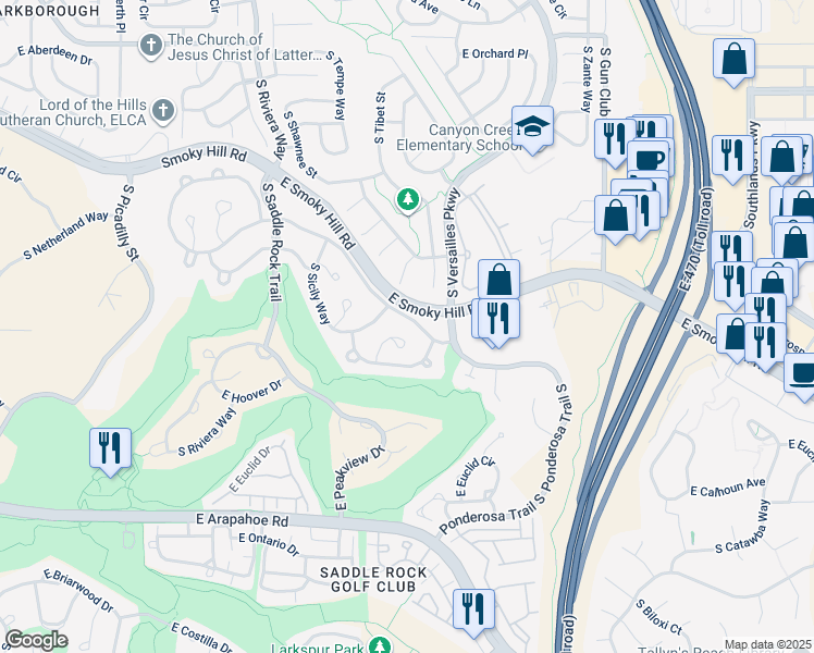 map of restaurants, bars, coffee shops, grocery stores, and more near 22687 East Weaver Drive in Aurora