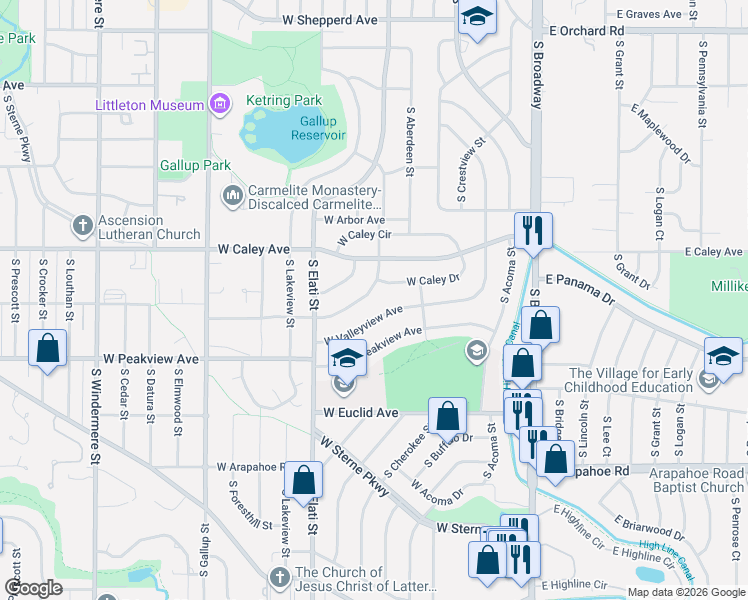 map of restaurants, bars, coffee shops, grocery stores, and more near 607 West Valleyview Avenue in Littleton