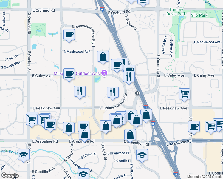 map of restaurants, bars, coffee shops, grocery stores, and more near 6363 South Fiddlers Green Circle in Greenwood Village
