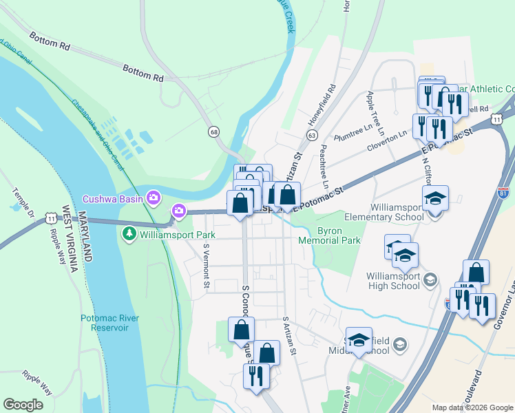 map of restaurants, bars, coffee shops, grocery stores, and more near 21 East Potomac Street in Williamsport