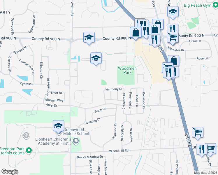 map of restaurants, bars, coffee shops, grocery stores, and more near 1198 Porchester Lane in Greenwood