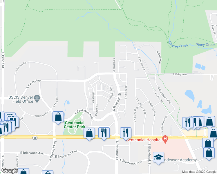 map of restaurants, bars, coffee shops, grocery stores, and more near 6375 South Xanadu Way in Centennial
