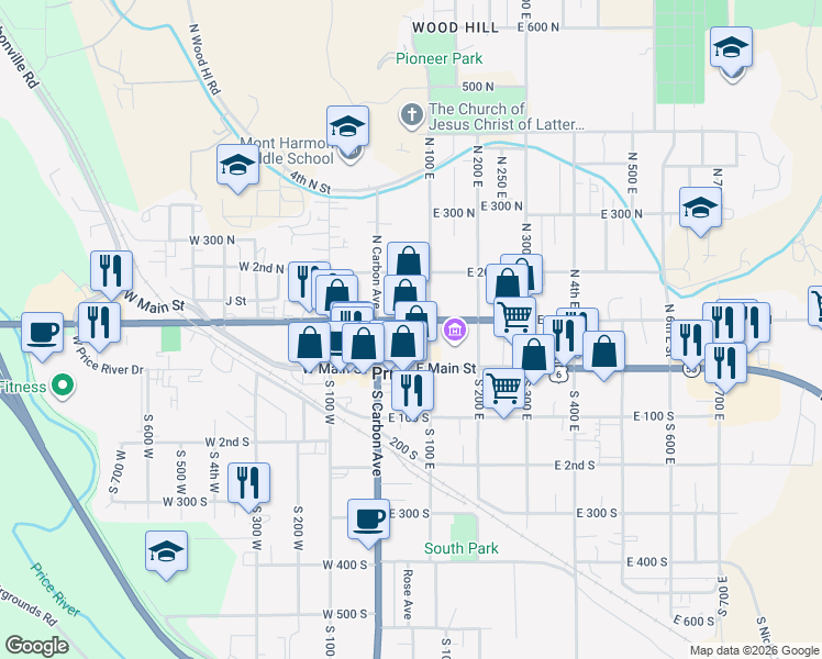 map of restaurants, bars, coffee shops, grocery stores, and more near 95 East Main Street in Price