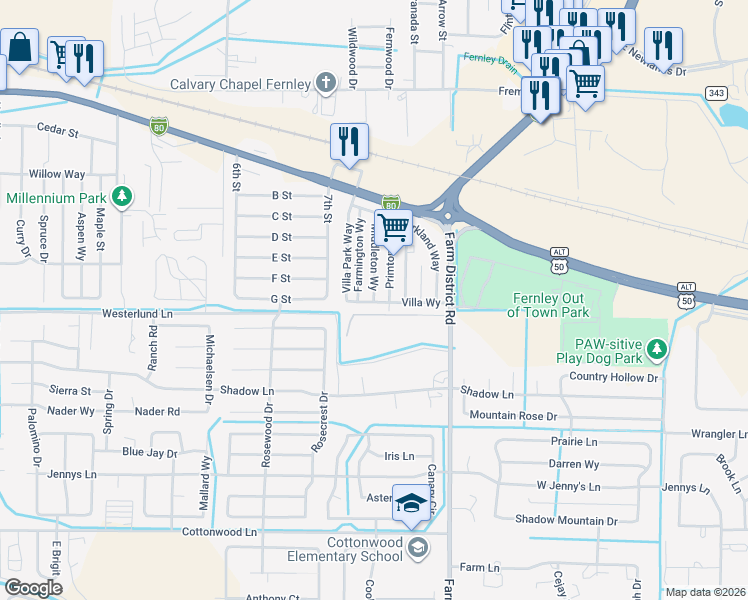 map of restaurants, bars, coffee shops, grocery stores, and more near 96 Middleton Way in Fernley