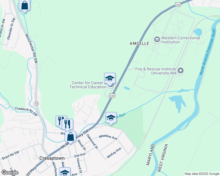 map of restaurants, bars, coffee shops, grocery stores, and more near 14211 McMullen Highway Southwest in Cumberland