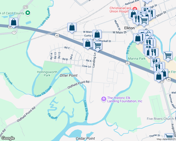 map of restaurants, bars, coffee shops, grocery stores, and more near 43 Hollingsworth Manor in Elkton