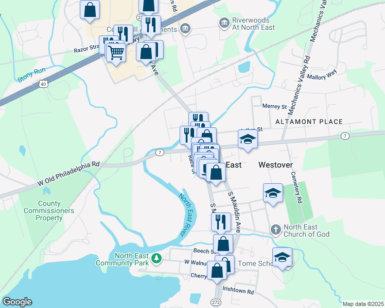 map of restaurants, bars, coffee shops, grocery stores, and more near 9 North Main Street in North East