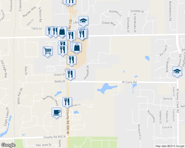 map of restaurants, bars, coffee shops, grocery stores, and more near 1630 West Curry Road in Greenwood