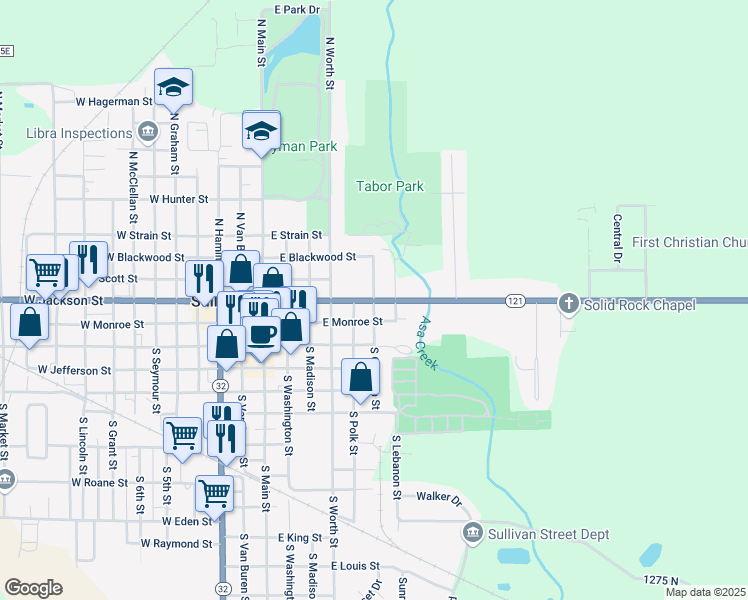 map of restaurants, bars, coffee shops, grocery stores, and more near 201 North Calhoun Street in Sullivan