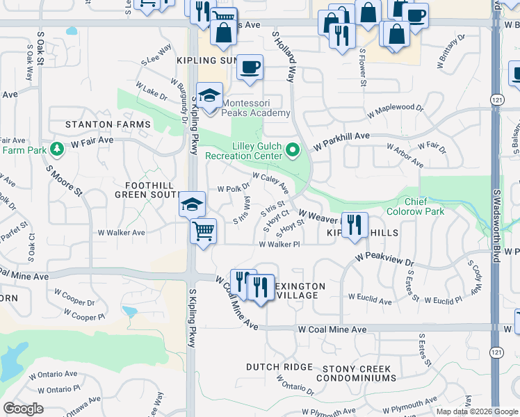 map of restaurants, bars, coffee shops, grocery stores, and more near 6358 South Iris Way in Littleton