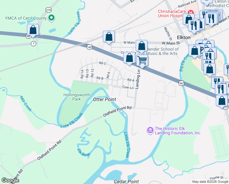 map of restaurants, bars, coffee shops, grocery stores, and more near 92 Hollingsworth Manor in Elkton