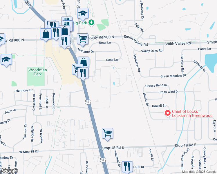 map of restaurants, bars, coffee shops, grocery stores, and more near 270 Celtic Circle in Greenwood