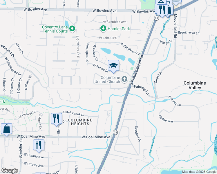 map of restaurants, bars, coffee shops, grocery stores, and more near 4433 Christensen Circle in Littleton