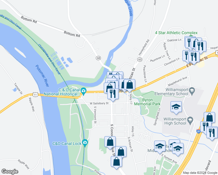 map of restaurants, bars, coffee shops, grocery stores, and more near 112 North Conococheague Street in Williamsport