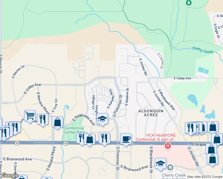 map of restaurants, bars, coffee shops, grocery stores, and more near 6374 South Xanadu Way in Centennial