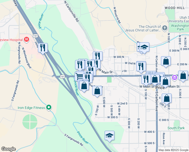 map of restaurants, bars, coffee shops, grocery stores, and more near 668 West 1st North Street in Price