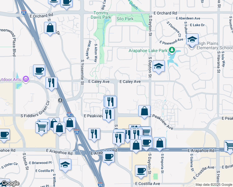 map of restaurants, bars, coffee shops, grocery stores, and more near 6368 South Boston Street in Englewood