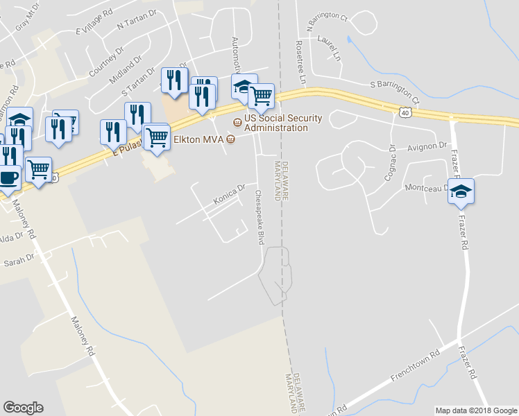 map of restaurants, bars, coffee shops, grocery stores, and more near 141 Chesapeake Boulevard in Elkton