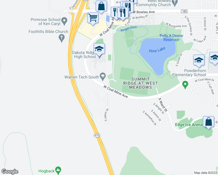 map of restaurants, bars, coffee shops, grocery stores, and more near 13397 West Coal Mine Avenue in Littleton