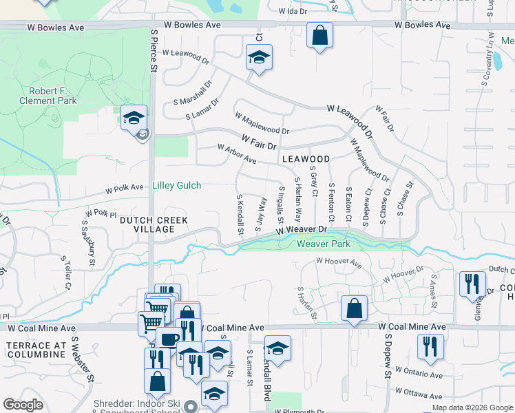 map of restaurants, bars, coffee shops, grocery stores, and more near 6355 South Jay Way in Littleton