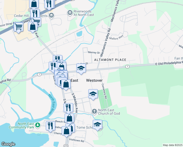 map of restaurants, bars, coffee shops, grocery stores, and more near 310 East Cecil Avenue in North East