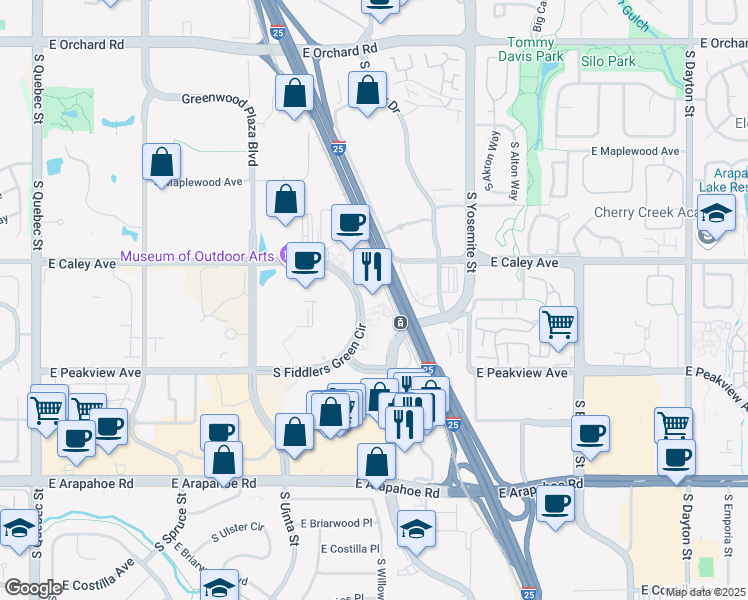 map of restaurants, bars, coffee shops, grocery stores, and more near 6380 South Fiddlers Green Circle in Englewood