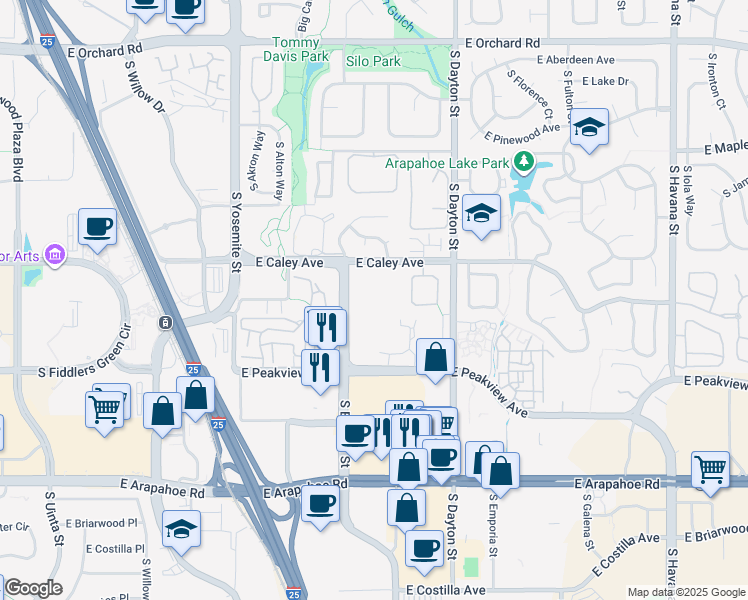 map of restaurants, bars, coffee shops, grocery stores, and more near 6380 South Boston Street in Greenwood Village