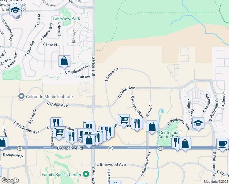 map of restaurants, bars, coffee shops, grocery stores, and more near 12445 East Caley Avenue in Centennial