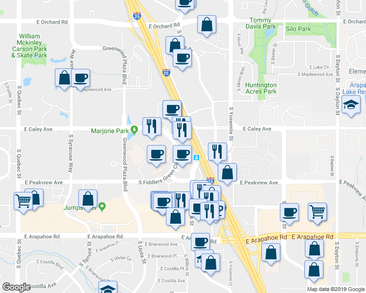 map of restaurants, bars, coffee shops, grocery stores, and more near 6380 South Fiddlers Green Circle in Englewood