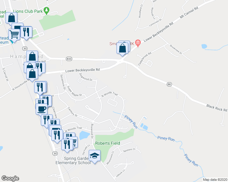 map of restaurants, bars, coffee shops, grocery stores, and more near 4533 North Woods Trail in Hampstead