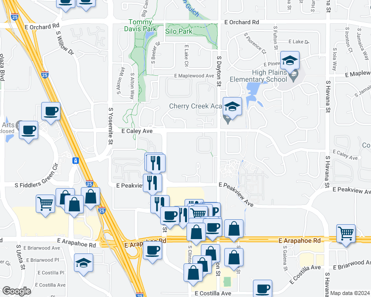 map of restaurants, bars, coffee shops, grocery stores, and more near 9551 East Caley Circle in Englewood