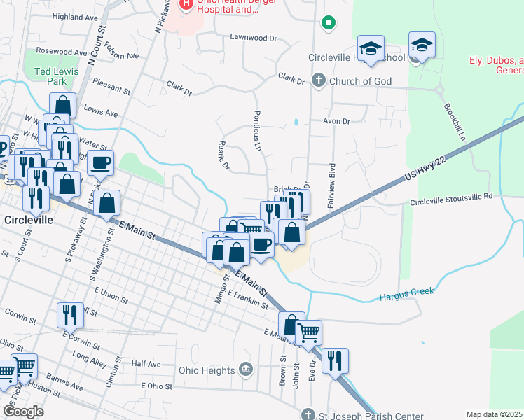 map of restaurants, bars, coffee shops, grocery stores, and more near 105 Hayes Court in Circleville