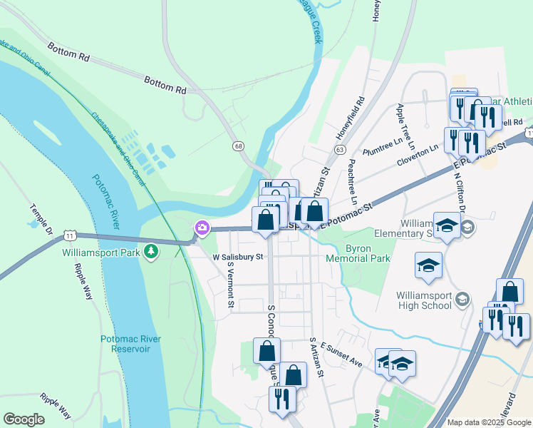 map of restaurants, bars, coffee shops, grocery stores, and more near 122 North Conococheague Street in Williamsport