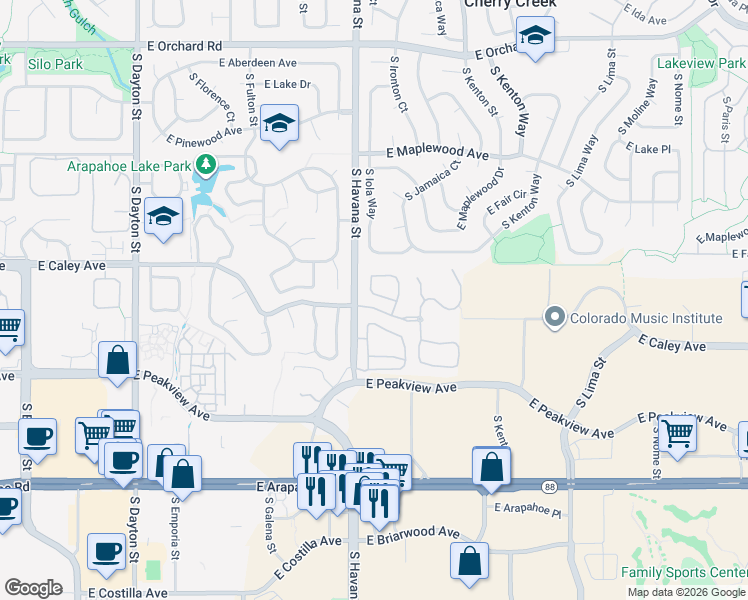 map of restaurants, bars, coffee shops, grocery stores, and more near 6221 South Iola Court in Englewood