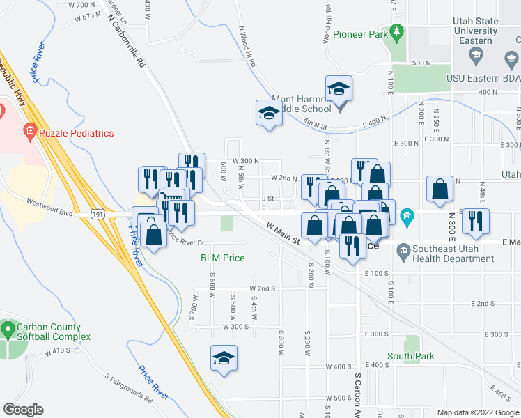 map of restaurants, bars, coffee shops, grocery stores, and more near 120 North 4th West in Price