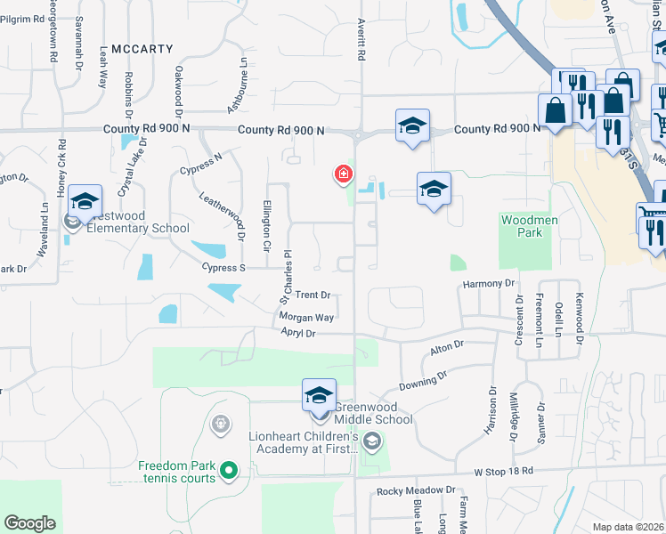 map of restaurants, bars, coffee shops, grocery stores, and more near 1001 Village Circle in Greenwood