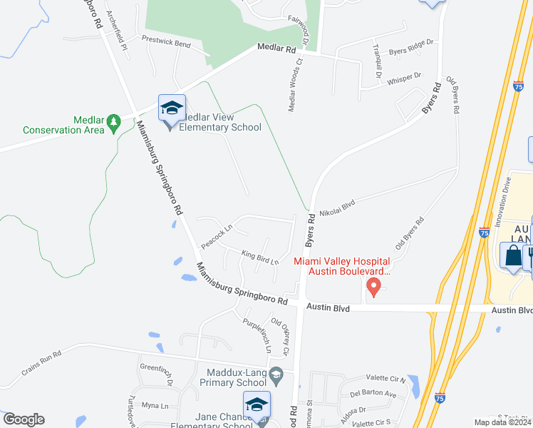 map of restaurants, bars, coffee shops, grocery stores, and more near 10275 Peacock Lane in Miamisburg