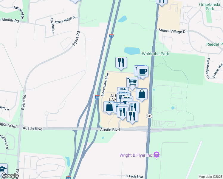 map of restaurants, bars, coffee shops, grocery stores, and more near 10050 Innovation Drive in Miamisburg