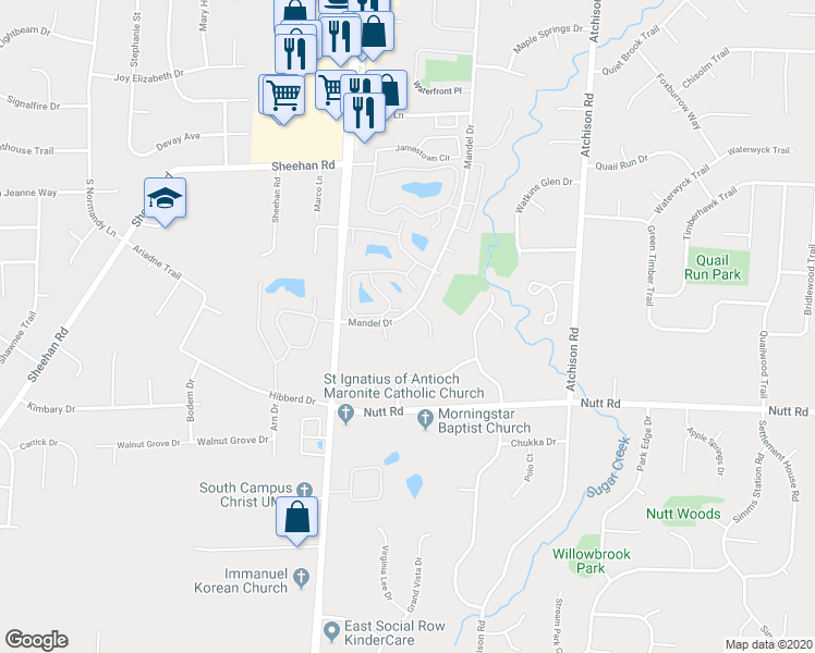 map of restaurants, bars, coffee shops, grocery stores, and more near 9860 Mandel Drive in Dayton