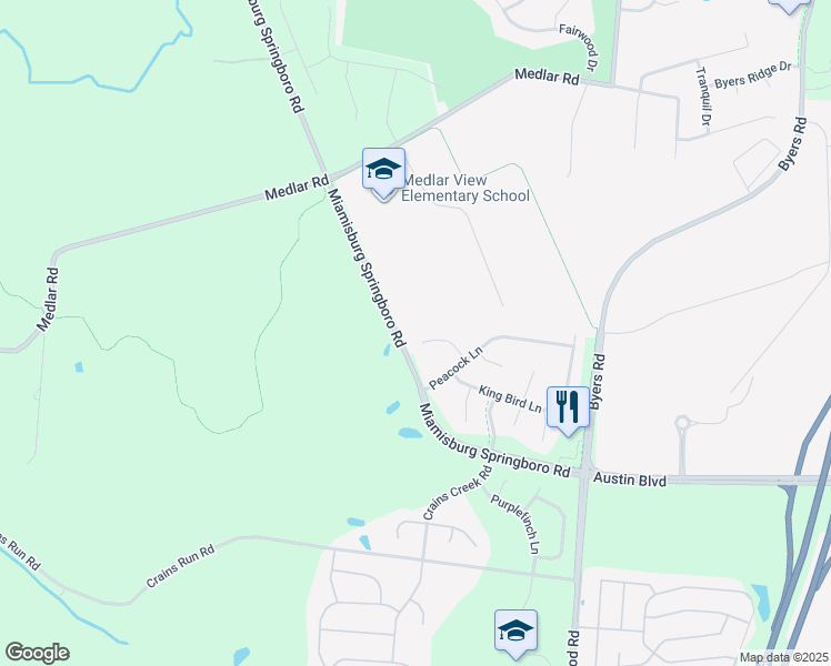 map of restaurants, bars, coffee shops, grocery stores, and more near 4349 Wood Thrush Court in Miamisburg