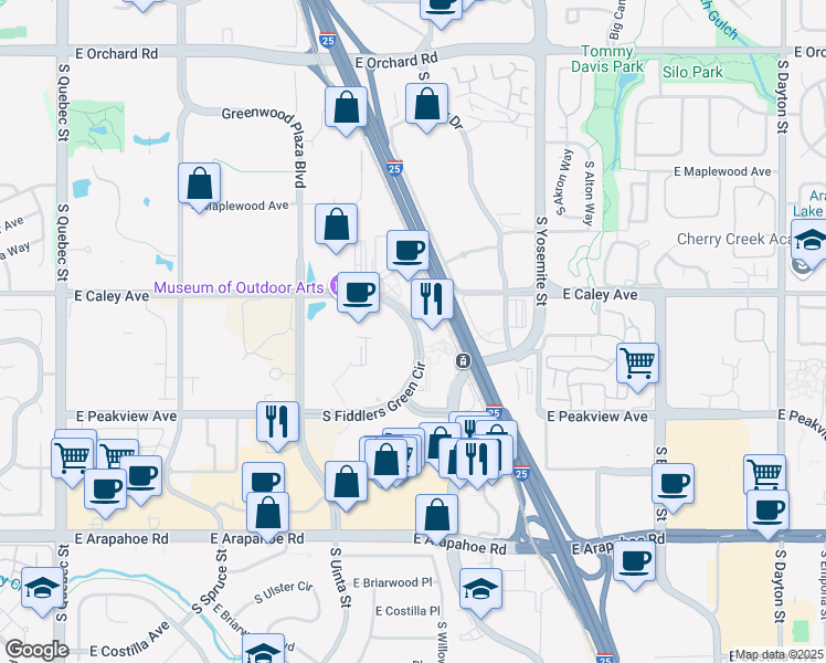 map of restaurants, bars, coffee shops, grocery stores, and more near South Fiddlers Green Circle in Arapahoe County