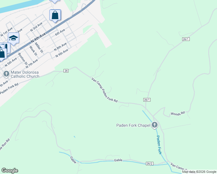 map of restaurants, bars, coffee shops, grocery stores, and more near Van Camp-Paden Fork Road in Paden City