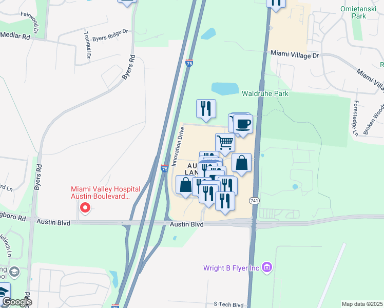 map of restaurants, bars, coffee shops, grocery stores, and more near 10050 Innovation Drive in Miamisburg